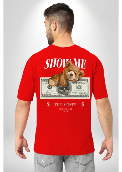 Amerikan Doları ve Oyuncak Ayı Kadın Erkek Ön Minimal Sırt Baskılı Kırmızı Pamuklu Tişört indirimleri