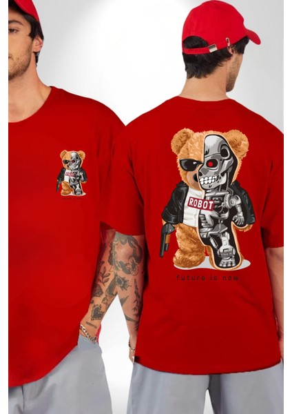 Terminatör Oyuncak Ayı Kadın Erkek Ön Minimal Sırt Baskılı Kırmızı Pamuklu Tişört