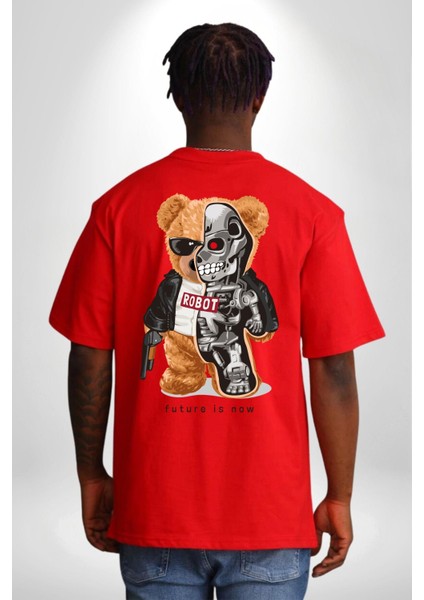 Terminatör Oyuncak Ayı Kadın Erkek Ön Minimal Sırt Baskılı Kırmızı Pamuklu Tişört fiyatları