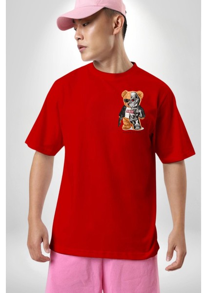 Terminatör Oyuncak Ayı Kadın Erkek Ön Minimal Sırt Baskılı Kırmızı Pamuklu Tişört modelleri