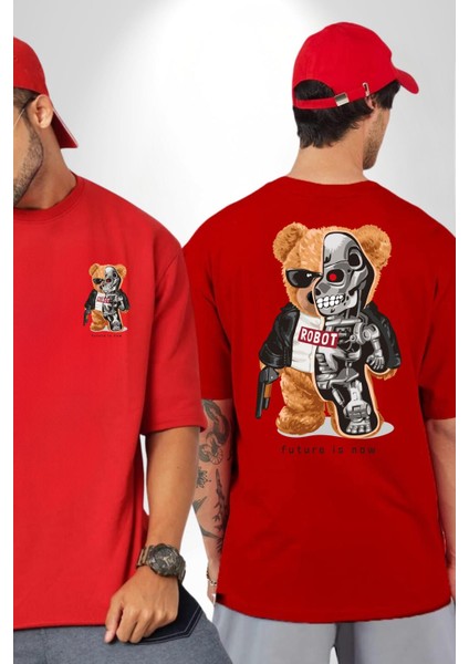 Terminatör Oyuncak Ayı Kadın Erkek Ön Minimal Sırt Baskılı Kırmızı Pamuklu Tişört fırsatları