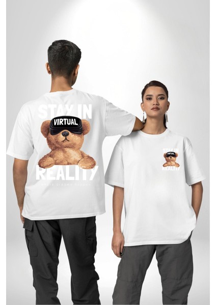 Sanal Gerçeklikte Kalmak Oyuncak Ayı Kadın Erkek Ön Minimal Sırt Baskılı Beyaz Pamuklu Tişört
