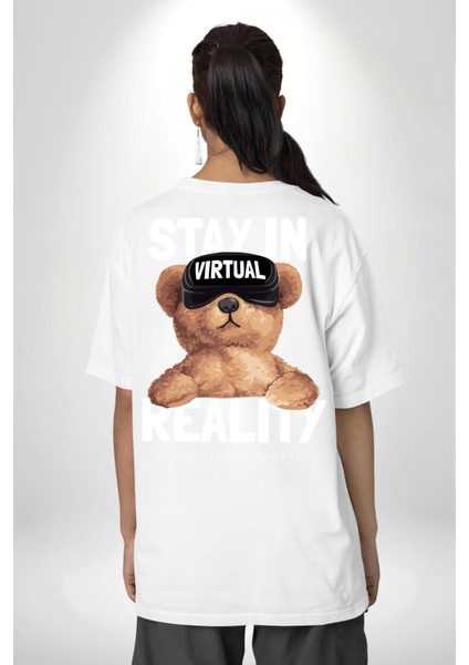 Sanal Gerçeklikte Kalmak Oyuncak Ayı Kadın Erkek Ön Minimal Sırt Baskılı Beyaz Pamuklu Tişört fiyatları