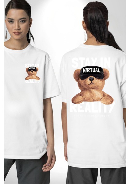 Sanal Gerçeklikte Kalmak Oyuncak Ayı Kadın Erkek Ön Minimal Sırt Baskılı Beyaz Pamuklu Tişört fırsatları