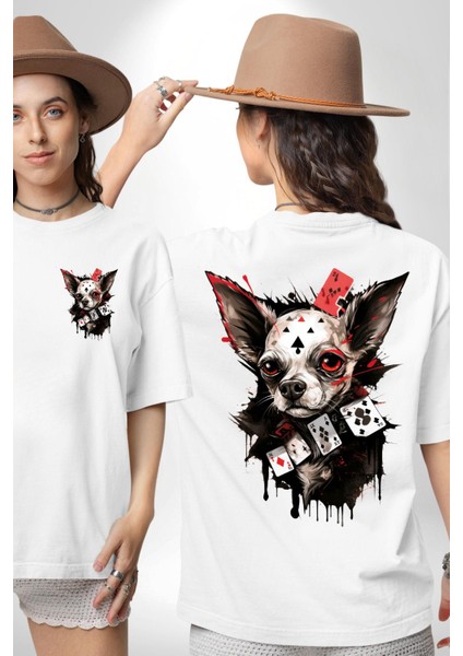 Chihuahua Köpek Poker Kadın Erkek Ön Minimal Sırt Baskılı Beyaz Pamuklu Tişört