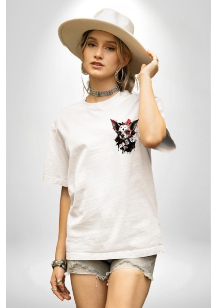 Chihuahua Köpek Poker Kadın Erkek Ön Minimal Sırt Baskılı Beyaz Pamuklu Tişört modelleri