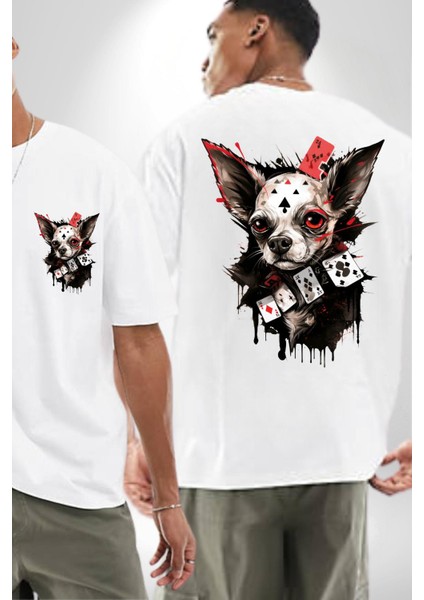 Chihuahua Köpek Poker Kadın Erkek Ön Minimal Sırt Baskılı Beyaz Pamuklu Tişört fırsatları