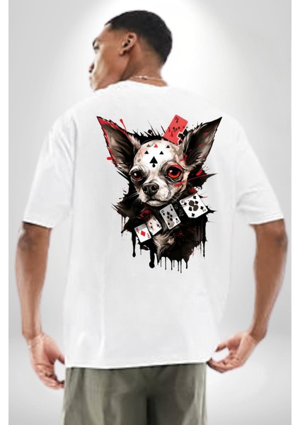 Chihuahua Köpek Poker Kadın Erkek Ön Minimal Sırt Baskılı Beyaz Pamuklu Tişört indirimleri