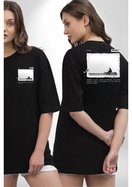 Düşünen Mesajlaşan Modern Kız Kadın Erkek Ön Minimal Sırt Baskılı Siyah Pamuklu Tişört fırsatları