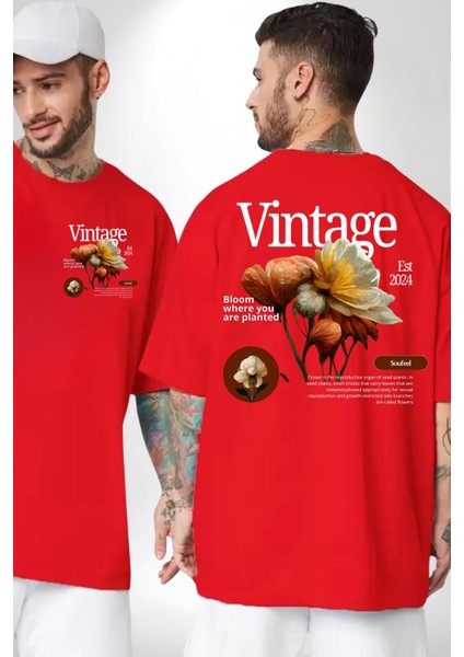 Ekildiğin Yerde Çiçek Aç Vintage Kadın Erkek Ön Minimal Sırt Baskılı Kırmızı Pamuklu Tişört