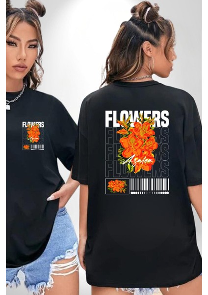 Çiçekler Nezaket Sokak Tarzı Kadın Erkek Ön Minimal Sırt Baskılı Siyah Pamuklu Tişört