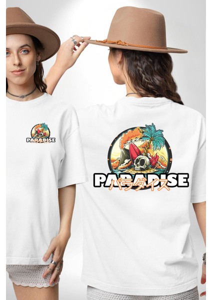 Cennet Iskelet Adam Ada Kadın Erkek Ön Minimal Sırt Baskılı Beyaz Pamuklu Tişört