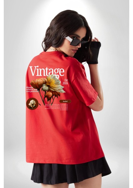 Ekildiğin Yerde Çiçek Aç Vintage Kadın Erkek Ön Minimal Sırt Baskılı Kırmızı Pamuklu Tişört fiyatları