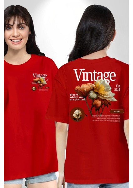 Ekildiğin Yerde Çiçek Aç Vintage Kadın Erkek Ön Minimal Sırt Baskılı Kırmızı Pamuklu Tişört fırsatları