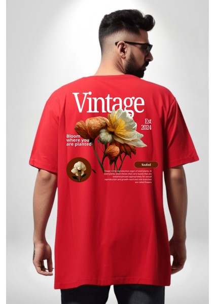 Ekildiğin Yerde Çiçek Aç Vintage Kadın Erkek Ön Minimal Sırt Baskılı Kırmızı Pamuklu Tişört indirimleri