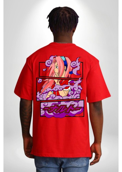 Sakura Haruno Anime Karakteri Kadın Erkek Ön Minimal Sırt Baskılı Kırmızı Pamuklu Tişört