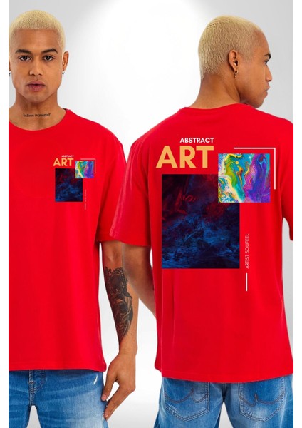 Modern Soyut Sanat Kadın Erkek Ön Minimal Sırt Baskılı Kırmızı Pamuklu Tişört