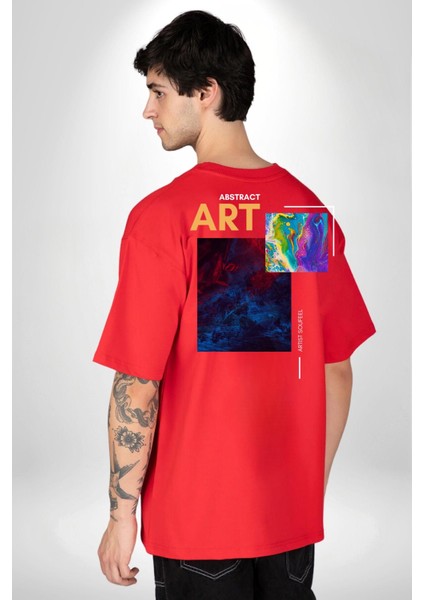 Modern Soyut Sanat Kadın Erkek Ön Minimal Sırt Baskılı Kırmızı Pamuklu Tişört fiyatları