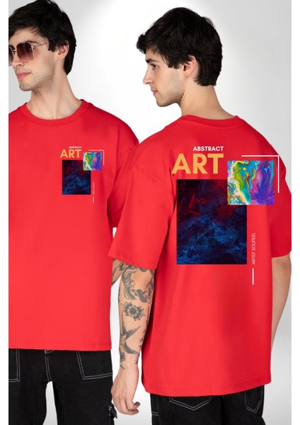 Modern Soyut Sanat Kadın Erkek Ön Minimal Sırt Baskılı Kırmızı Pamuklu Tişört fırsatları
