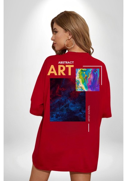 Modern Soyut Sanat Kadın Erkek Ön Minimal Sırt Baskılı Kırmızı Pamuklu Tişört indirimleri