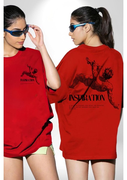 Nefes Alma Düşüş Kaslı Yunan Kadın Erkek Ön Minimal Sırt Baskılı Kırmızı Pamuklu Tişört