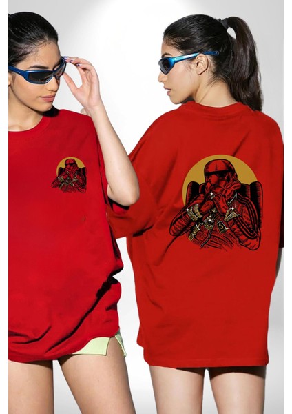 Zengin Stormtrooper Mafya Kadın Erkek Ön Minimal Sırt Baskılı Kırmızı Pamuklu Tişört