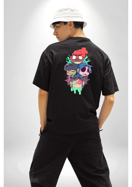 Gorillaz Anime Karakter Kadın Erkek Ön Minimal Sırt Baskılı Siyah Pamuklu Tişört fiyatları