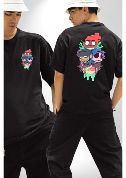 Gorillaz Anime Karakter Kadın Erkek Ön Minimal Sırt Baskılı Siyah Pamuklu Tişört fırsatları