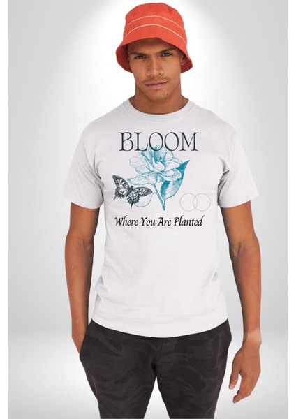 Karakalem Kelebek Açan Çiçek Kadın Erkek Ön Baskılı Beyaz Pamuklu Tişört Penye Klasik
