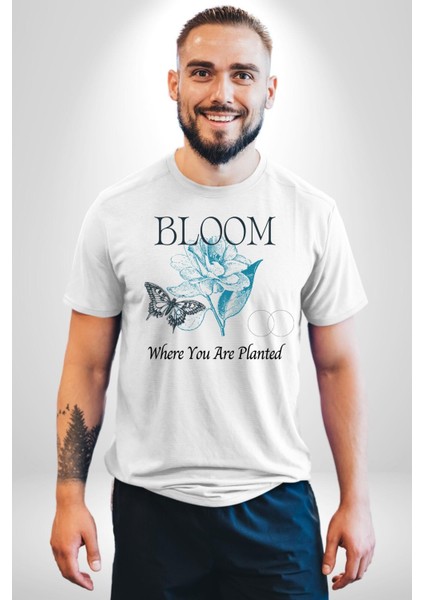 Karakalem Kelebek Açan Çiçek Kadın Erkek Ön Baskılı Beyaz Pamuklu Tişört Penye Klasik fiyatları