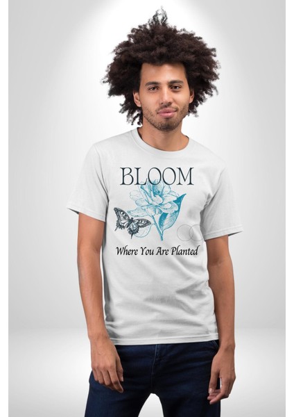 Karakalem Kelebek Açan Çiçek Kadın Erkek Ön Baskılı Beyaz Pamuklu Tişört Penye Klasik modelleri