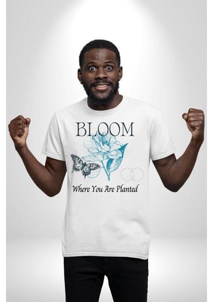 Karakalem Kelebek Açan Çiçek Kadın Erkek Ön Baskılı Beyaz Pamuklu Tişört Penye Klasik fırsatları