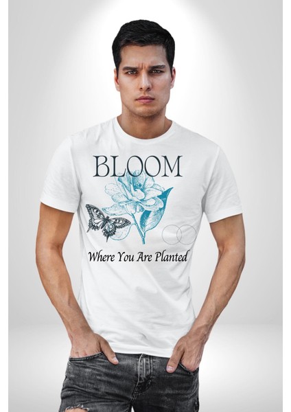 Karakalem Kelebek Açan Çiçek Kadın Erkek Ön Baskılı Beyaz Pamuklu Tişört Penye Klasik indirimleri