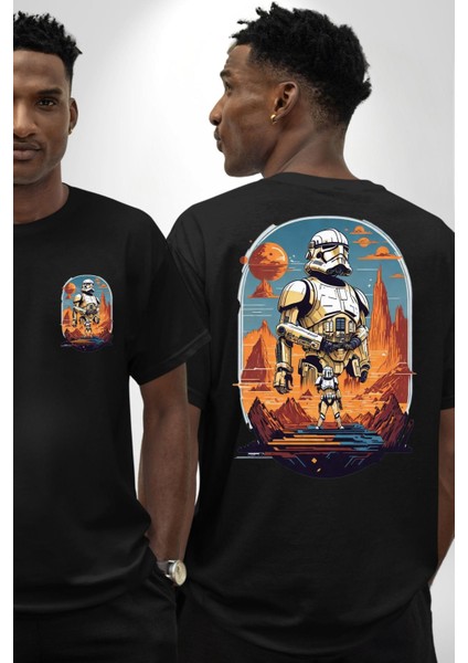 Star Wars Galaksi Kuralları Kadın Erkek Ön Minimal Sırt Baskılı Siyah Pamuklu Tişört