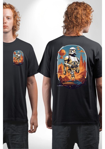 Star Wars Galaksi Kuralları Kadın Erkek Ön Minimal Sırt Baskılı Siyah Pamuklu Tişört