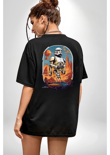 Star Wars Galaksi Kuralları Kadın Erkek Ön Minimal Sırt Baskılı Siyah Pamuklu Tişört