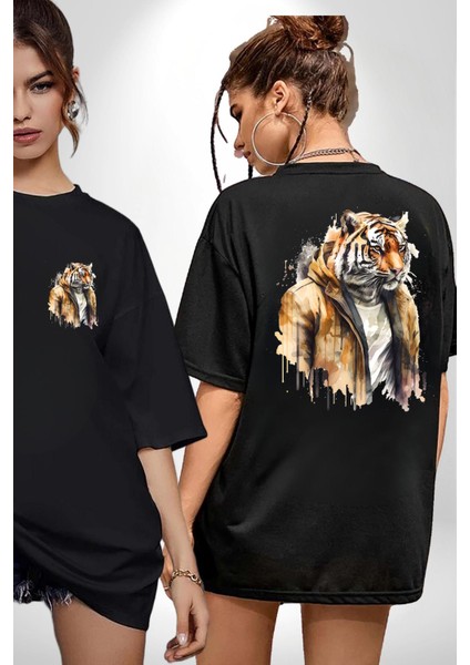 Deri Ceketli Havalı Kaplan Kadın Erkek Ön Minimal Sırt Baskılı Siyah Pamuklu Tişört