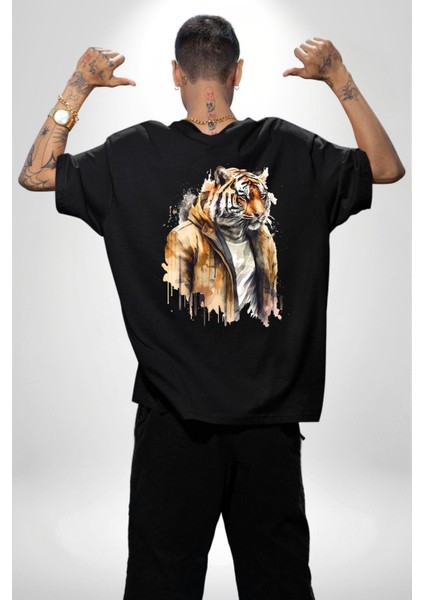 Deri Ceketli Havalı Kaplan Kadın Erkek Ön Minimal Sırt Baskılı Siyah Pamuklu Tişört fiyatları