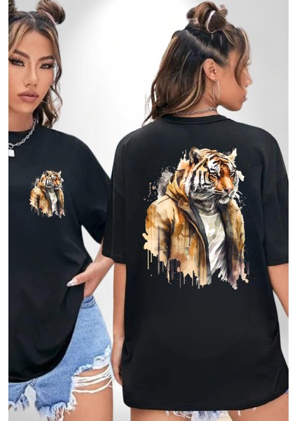 Deri Ceketli Havalı Kaplan Kadın Erkek Ön Minimal Sırt Baskılı Siyah Pamuklu Tişört fırsatları