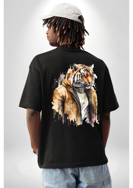 Deri Ceketli Havalı Kaplan Kadın Erkek Ön Minimal Sırt Baskılı Siyah Pamuklu Tişört indirimleri