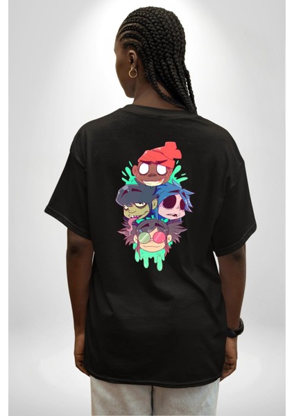Gorillaz Anime Karakter Kadın Erkek Ön Minimal Sırt Baskılı Siyah Pamuklu Tişört indirimleri