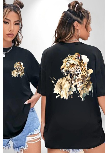Deri Ceketli Cool Leopar Kadın Erkek Ön Minimal Sırt Baskılı Siyah Pamuklu Tişört