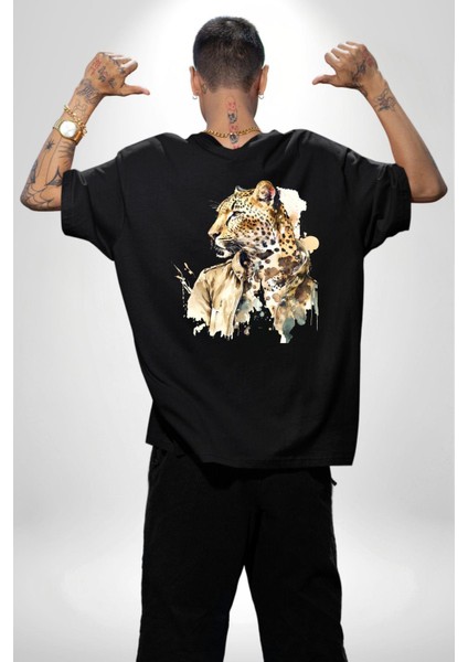 Deri Ceketli Cool Leopar Kadın Erkek Ön Minimal Sırt Baskılı Siyah Pamuklu Tişört fiyatları