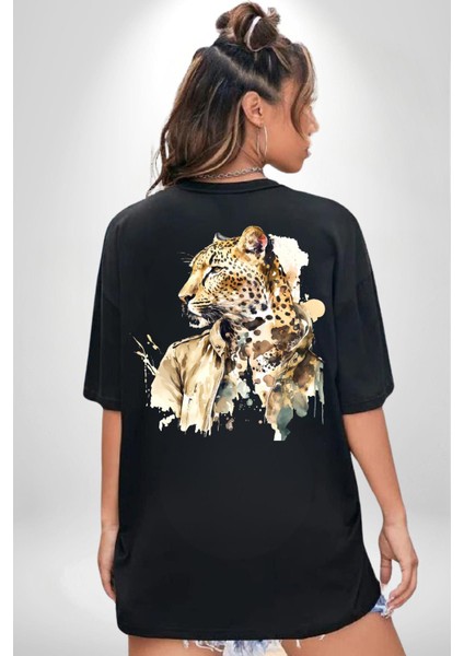 Deri Ceketli Cool Leopar Kadın Erkek Ön Minimal Sırt Baskılı Siyah Pamuklu Tişört modelleri