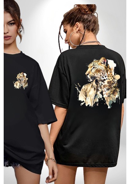 Deri Ceketli Cool Leopar Kadın Erkek Ön Minimal Sırt Baskılı Siyah Pamuklu Tişört fırsatları