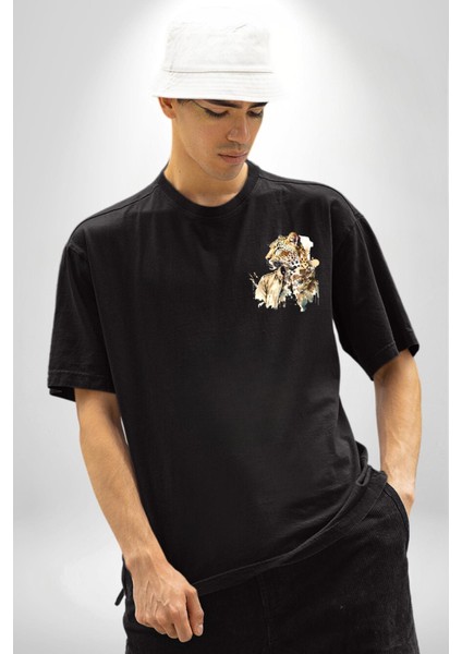Deri Ceketli Cool Leopar Kadın Erkek Ön Minimal Sırt Baskılı Siyah Pamuklu Tişört indirimleri