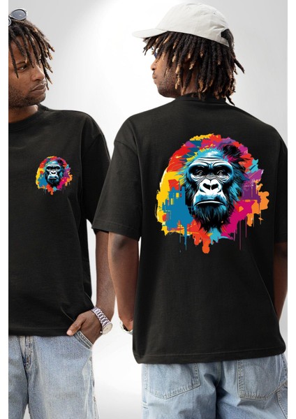 Rengarenk Asil Duruşlu Goril Kadın Erkek Ön Minimal Sırt Baskılı Siyah Pamuklu Tişört