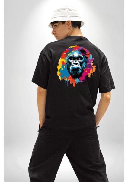 Rengarenk Asil Duruşlu Goril Kadın Erkek Ön Minimal Sırt Baskılı Siyah Pamuklu Tişört fiyatları