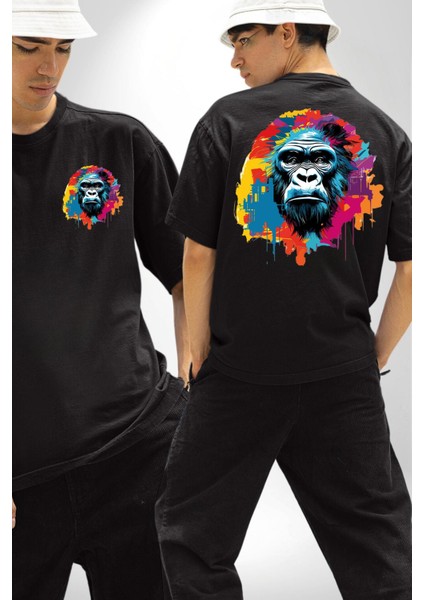 Rengarenk Asil Duruşlu Goril Kadın Erkek Ön Minimal Sırt Baskılı Siyah Pamuklu Tişört fırsatları