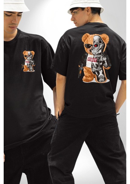 Terminatör Oyuncak Ayı Kadın Erkek Ön Minimal Sırt Baskılı Siyah Pamuklu Tişört